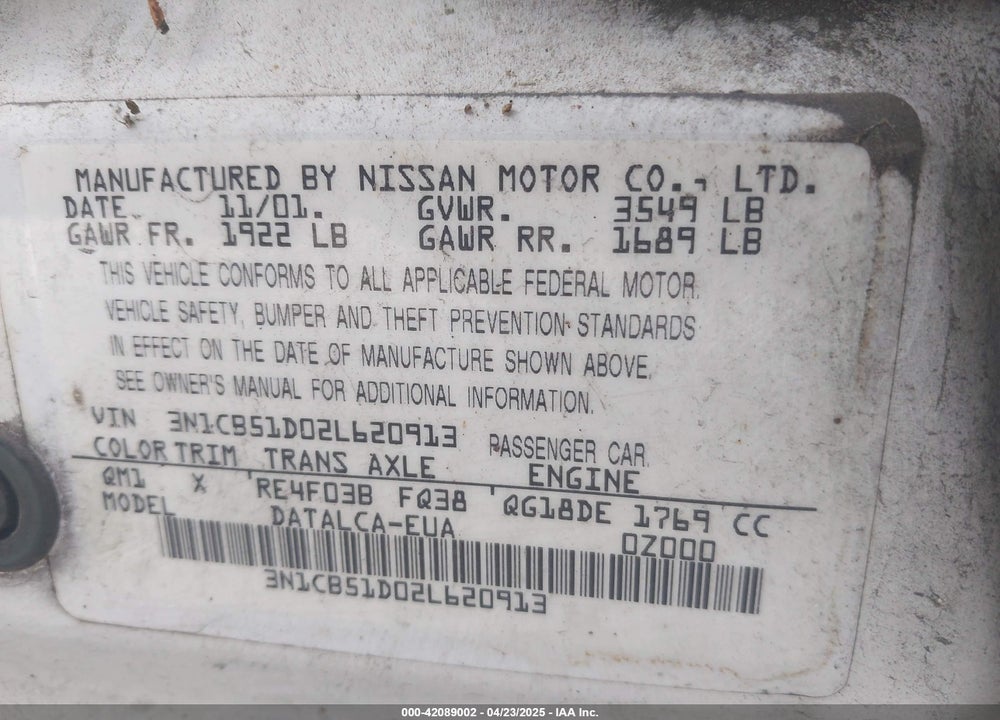 2002 NISSAN SENTRA XE VIN: 3N1CB51D02L620913