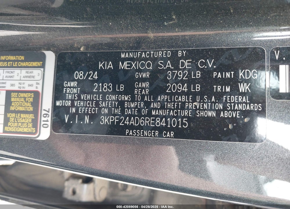 2024 KIA FORTE LXS VIN: 3KPF24AD6RE841015