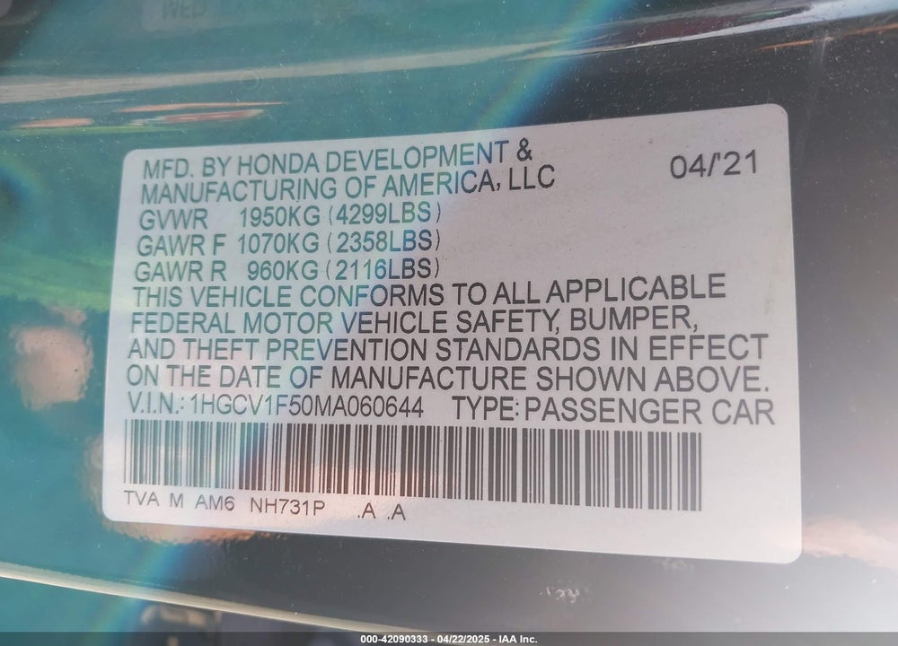 2021 HONDA ACCORD EX-L VIN: 1HGCV1F50MA060644