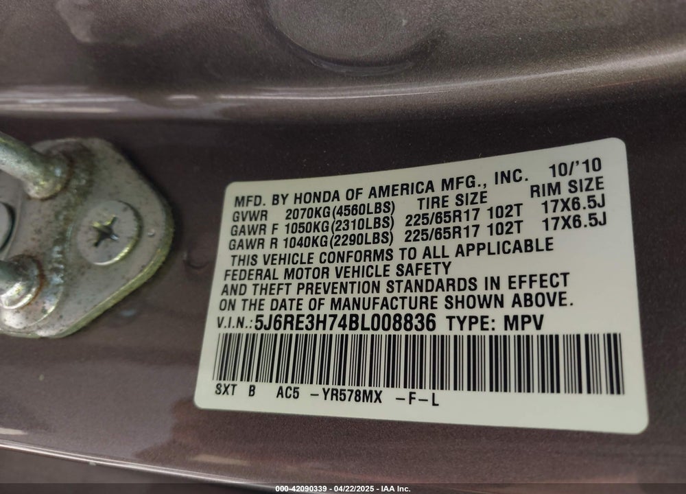 2011 HONDA CR-V VIN: 5J6RE3H74BL008836