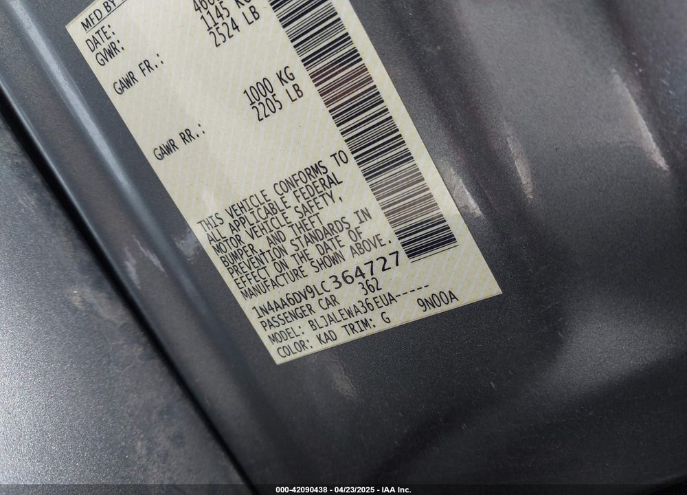 2020 NISSAN MAXIMA VIN: 1N4AA6DV9LC364727