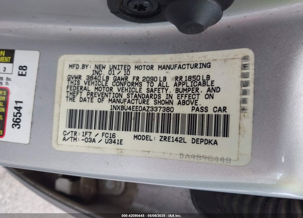2010 TOYOTA COROLLA VIN: 1NXBU4EE0AZ337380