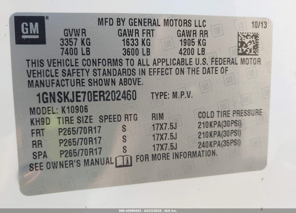 2014 CHEVROLET SUBURBAN 1500 VIN: 1GNSKJE70ER202460
