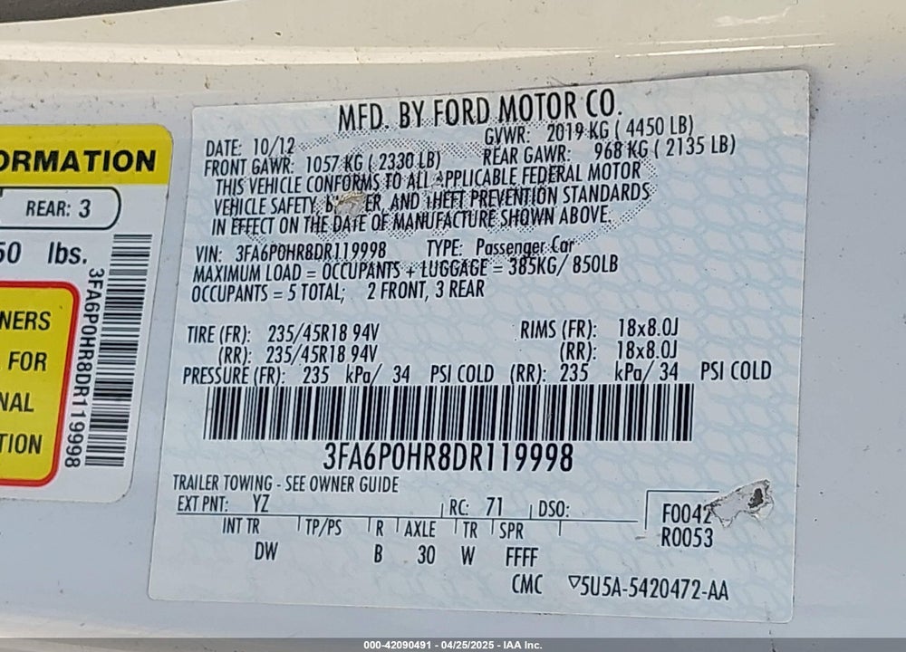2013 FORD FUSION VIN: 3FA6P0HR8DR119998