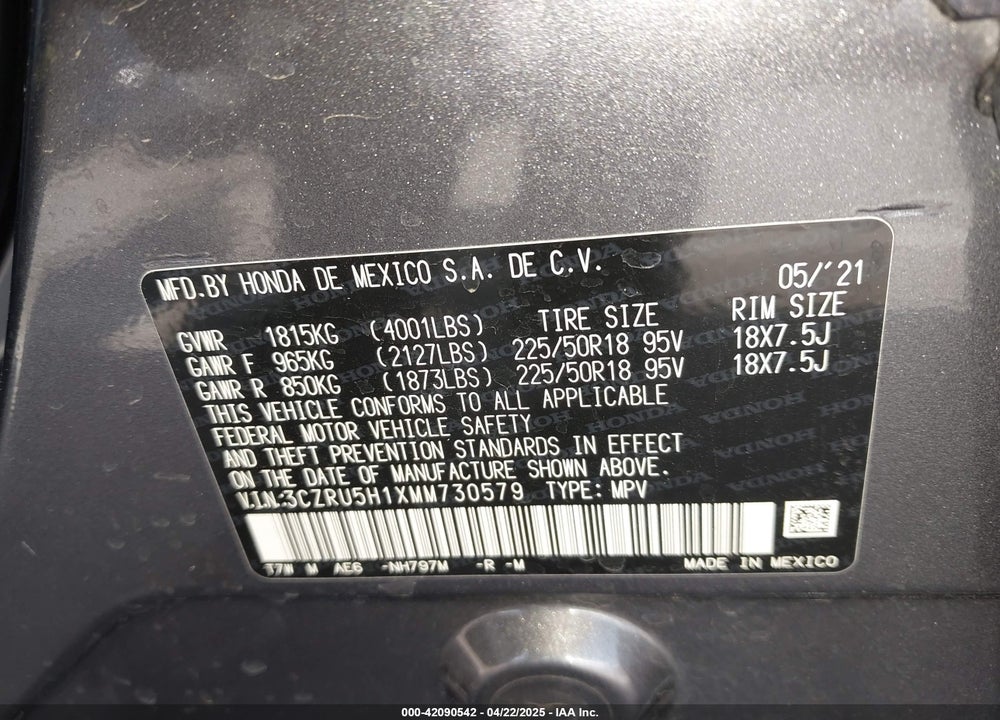 2021 HONDA HR-V VIN: 3CZRU5H1XMM730579