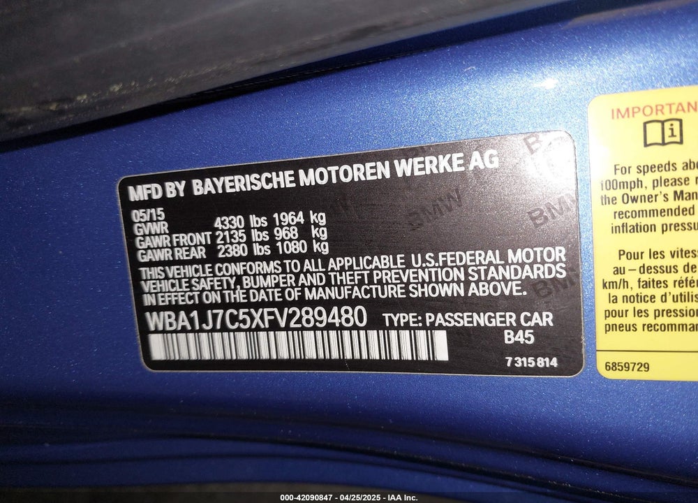 2015 BMW M235 VIN: WBA1J7C5XFV289480