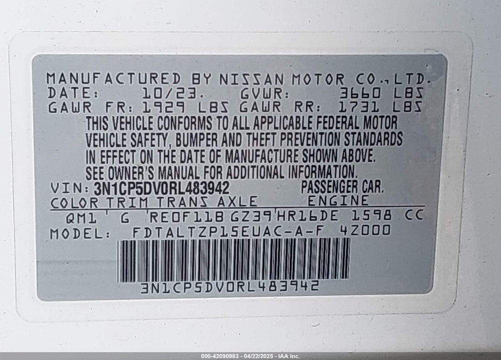 2024 NISSAN KICKS VIN: 3N1CP5DV0RL483942