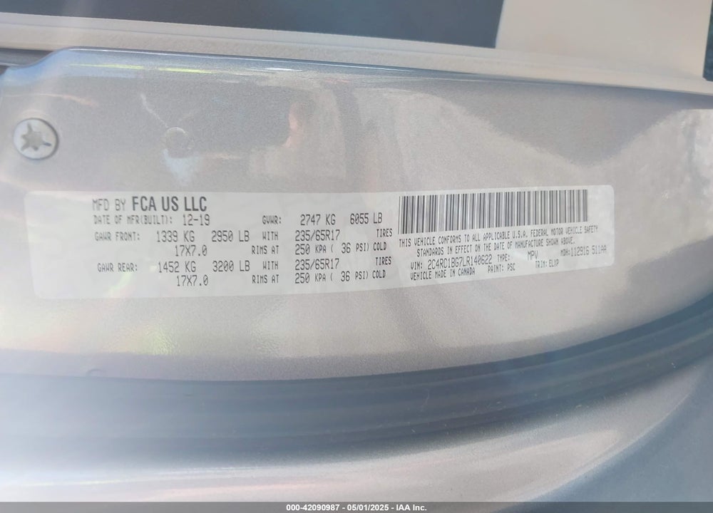 2020 CHRYSLER PACIFICA TOURING L VIN: 2C4RC1BG7LR140622