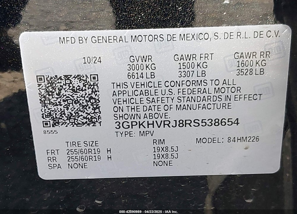 2024 HONDA PROLOGUE VIN: 3GPKHVRJ8RS538654