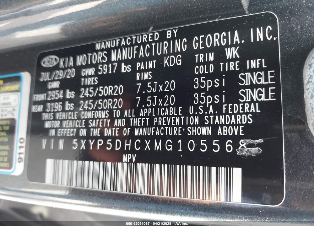 2021 KIA TELLURIDE SX VIN: 5XYP5DHCXMG105568