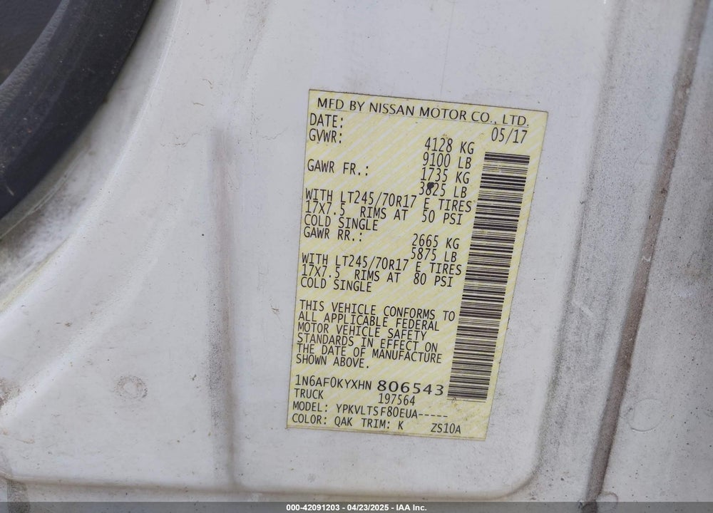 2017 NISSAN NV CARGO NV2500 HD SV V8 VIN: 1N6AF0KYXHN806543