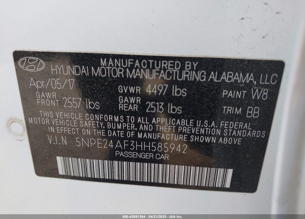 2017 HYUNDAI SONATA VIN: 5NPE24AF3HH585942