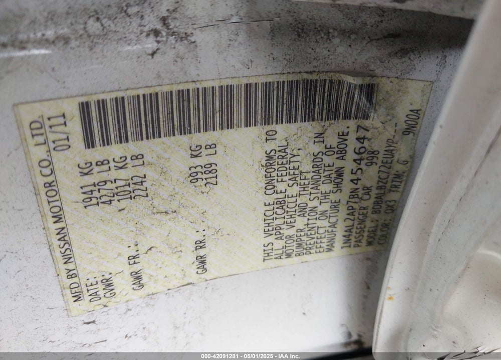 2011 NISSAN ALTIMA VIN: 1N4AL2AP7BN454647