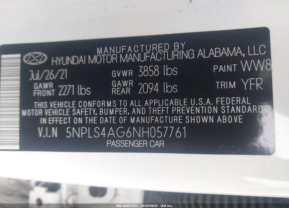 2022 HYUNDAI ELANTRA VIN: 5NPLS4AG6NH057761