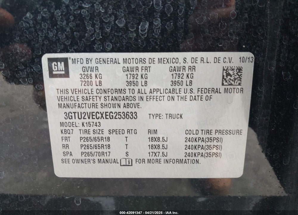 2014 GMC SIERRA 1500 SLT VIN: 3GTU2VECXEG253633