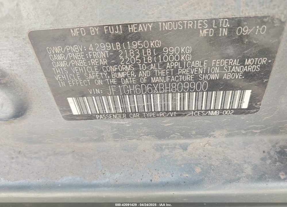 2011 SUBARU IMPREZA OUTBACK SPORT VIN: JF1GH6D6XBH809900