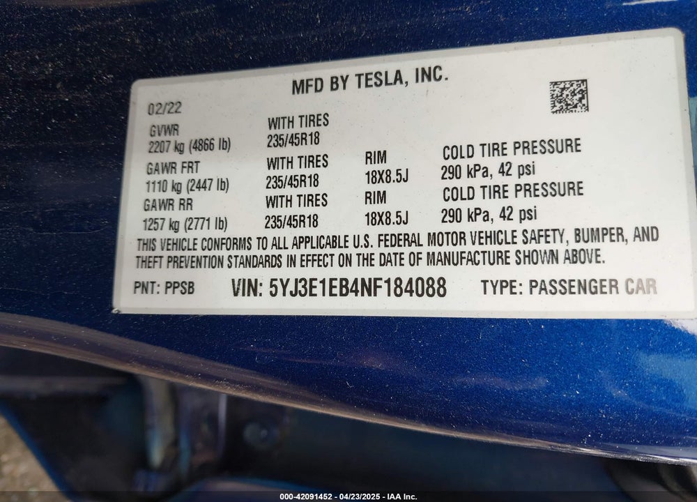 2022 TESLA MODEL 3 VIN: 5YJ3E1EB4NF184088