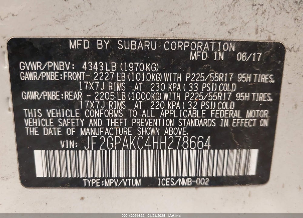 2017 SUBARU CROSSTREK 2.0I LIMITED VIN: JF2GPAKC4HH278664