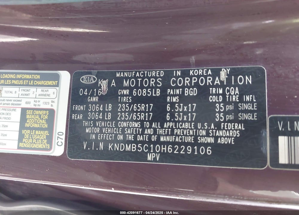 2017 KIA SEDONA VIN: KNDMB5C10H6229106