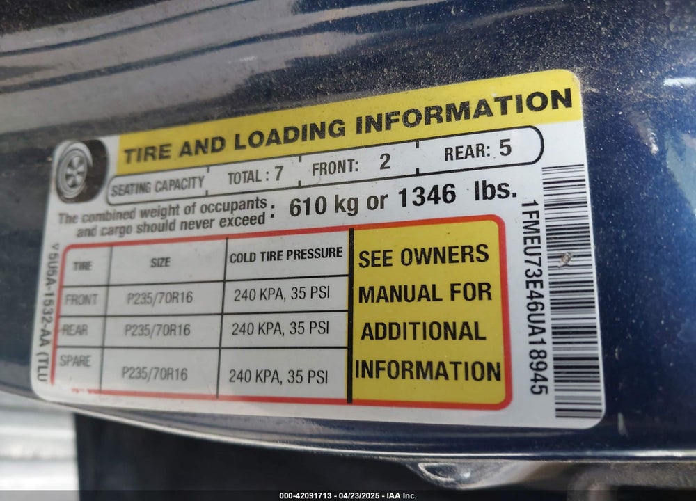 2006 FORD EXPLORER VIN: 1FMEU73E46UA18945