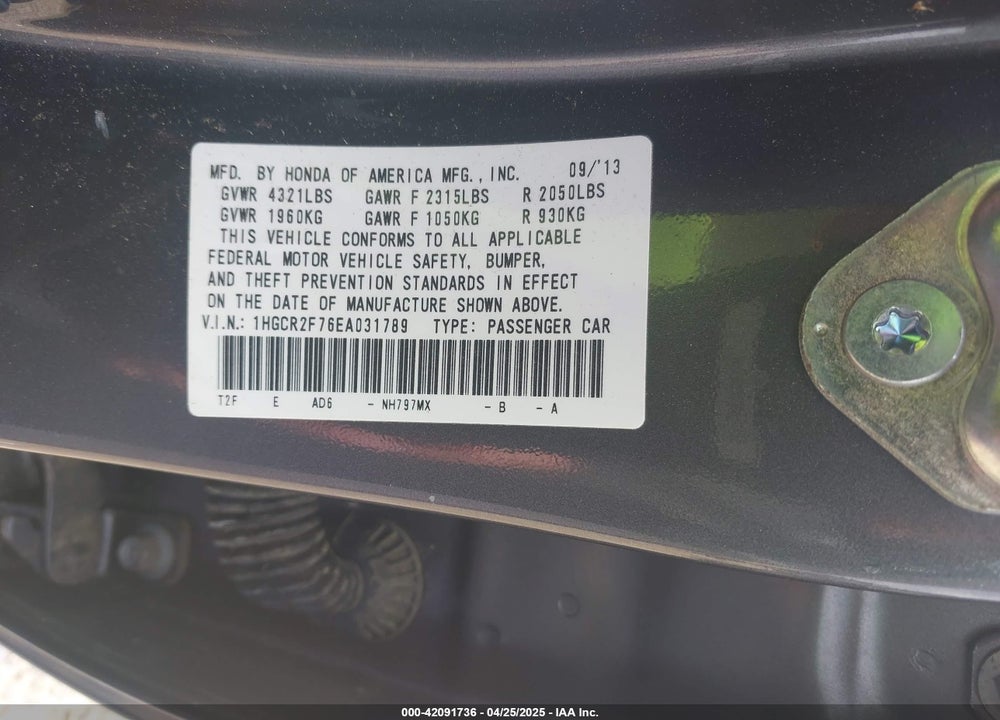 2014 HONDA ACCORD VIN: 1HGCR2F76EA031789