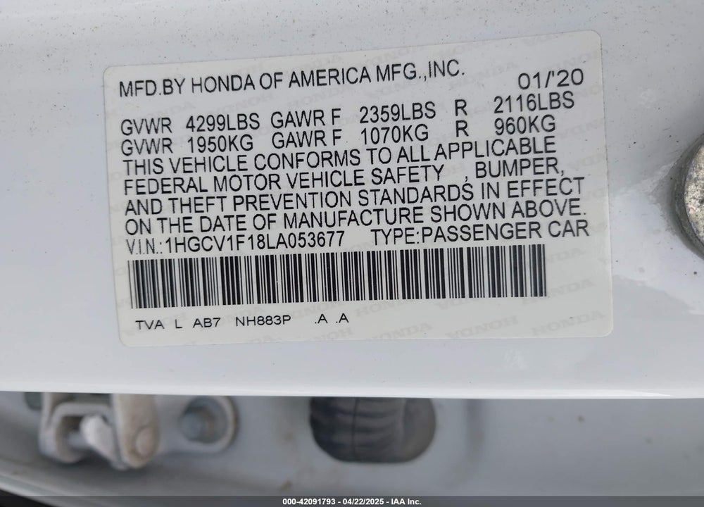 2020 HONDA ACCORD VIN: 1HGCV1F18LA053677