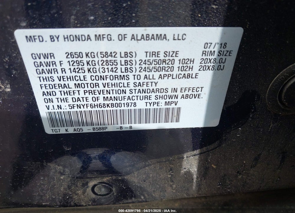 2019 HONDA PILOT TOURING VIN: 5FNYF6H68KB001978