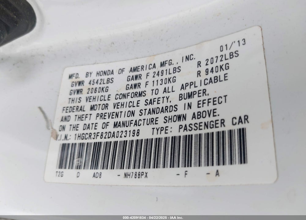 2013 HONDA ACCORD VIN: 1HGCR3F82DA023198