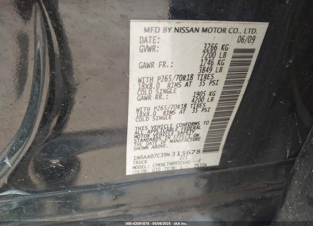 2009 NISSAN TITAN SE VIN: 1N6AA07C39N315678