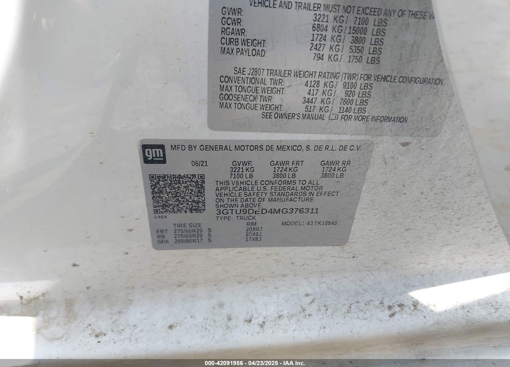2021 GMC SIERRA 1500 VIN: 3GTU9DED4MG376311