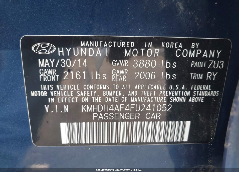 2015 HYUNDAI ELANTRA VIN: KMHDH4AE4FU241052