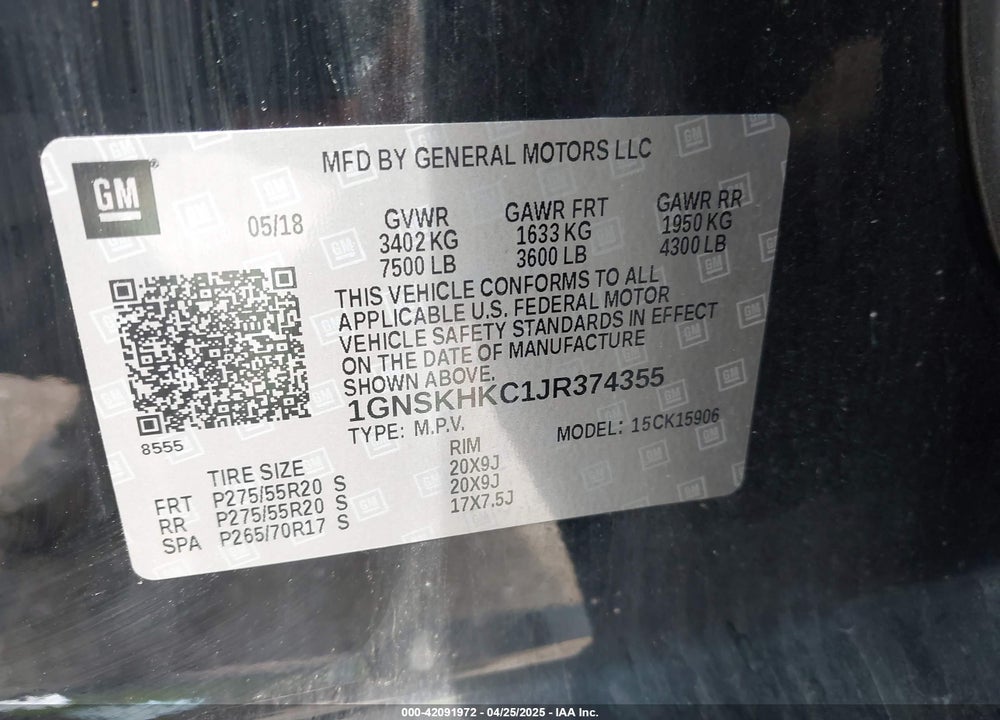 2018 CHEVROLET SUBURBAN LT VIN: 1GNSKHKC1JR374355