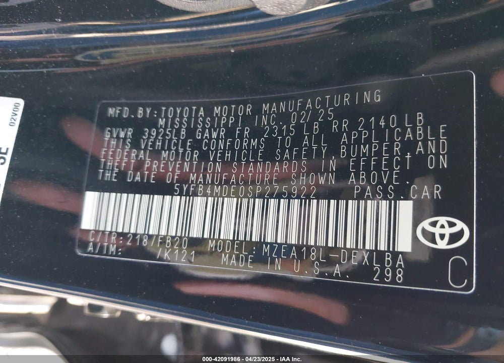 2025 TOYOTA COROLLA LE VIN: 5YFB4MDE0SP275922