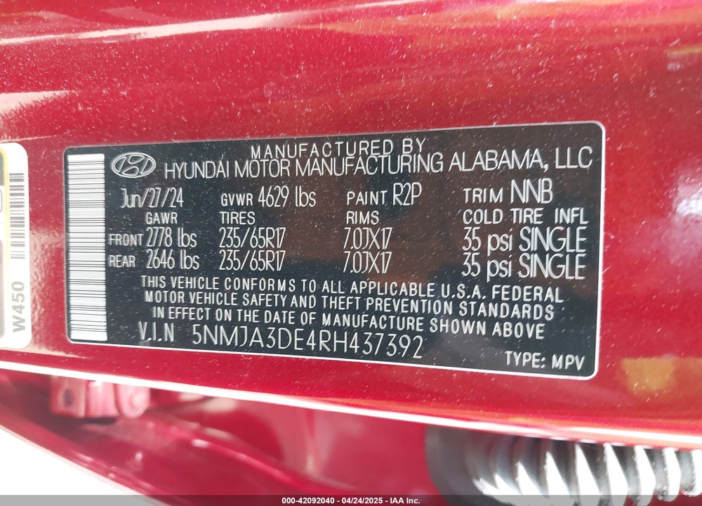 2024 HYUNDAI TUCSON VIN: 5NMJA3DE4RH437392