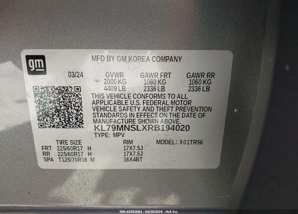 2024 CHEVROLET TRAILBLAZER VIN: KL79MNSLXRB194020