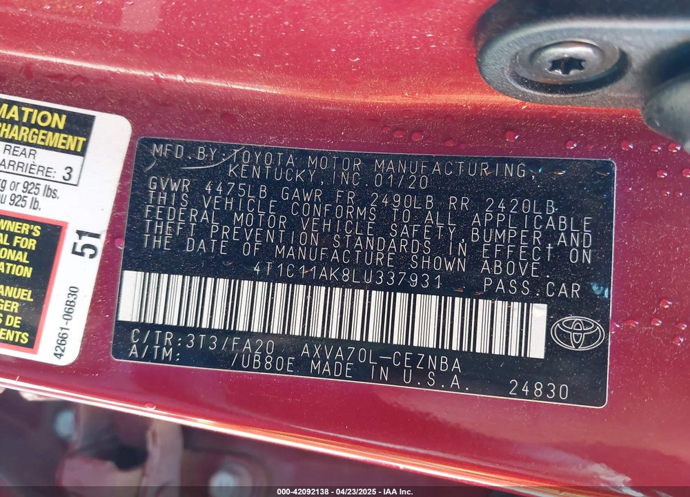 2020 TOYOTA CAMRY VIN: 4T1C11AK8LU337931