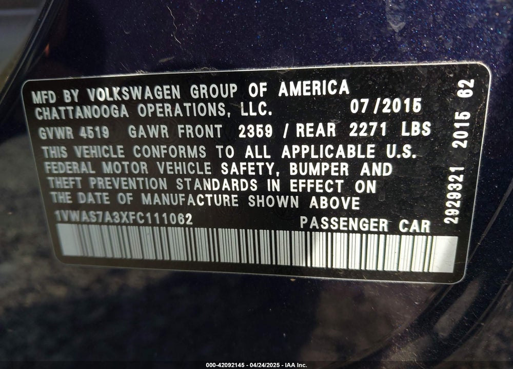 2015 VOLKSWAGEN PASSAT 1.8T LIMITED EDITION VIN: 1VWAS7A3XFC111062