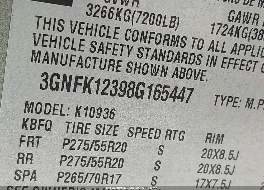 2008 CHEVROLET AVALANCHE 1500 LT VIN: 3GNFK12398G165447