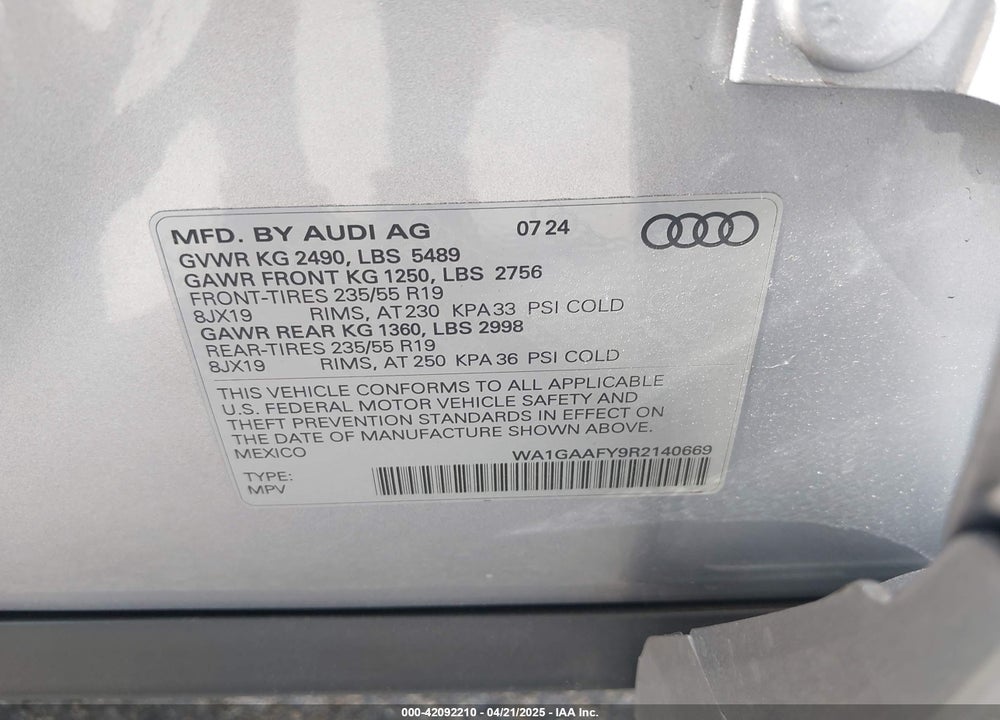 2024 AUDI Q5 PREMIUM 45 TFSI S LINE QUATTRO VIN: WA1GAAFY9R2140669