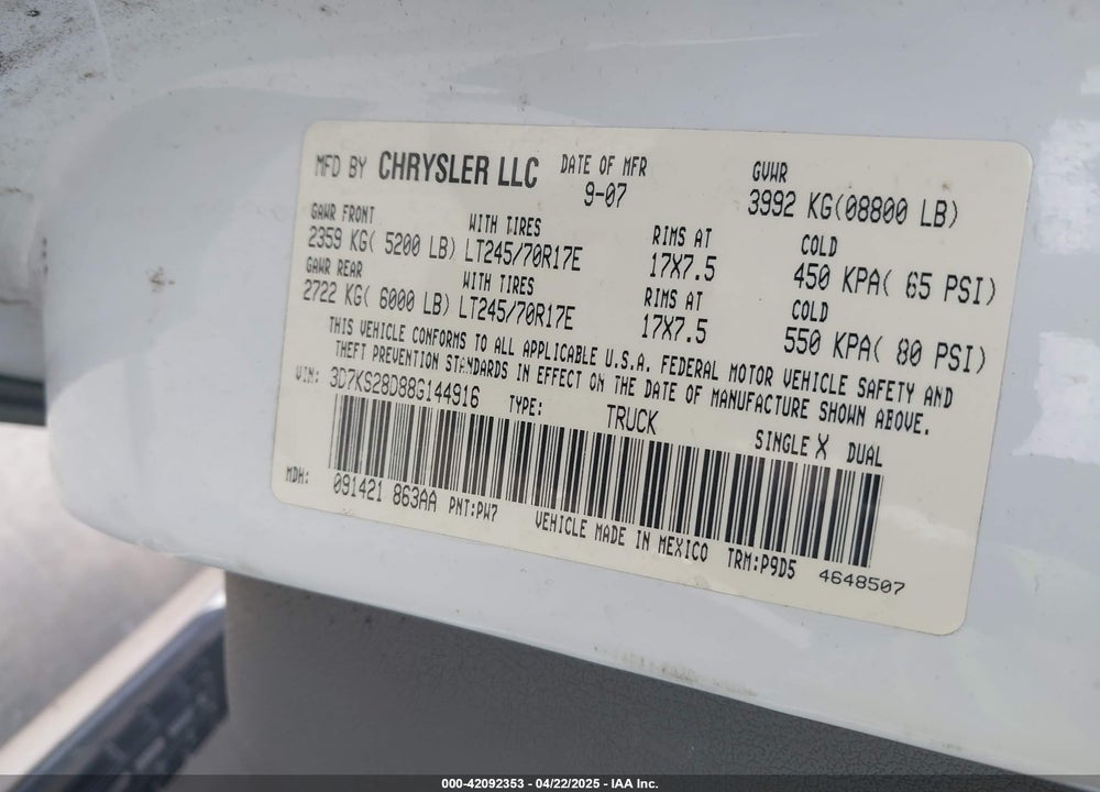 2008 DODGE RAM 2500 VIN: 3D7KS28D88G144916