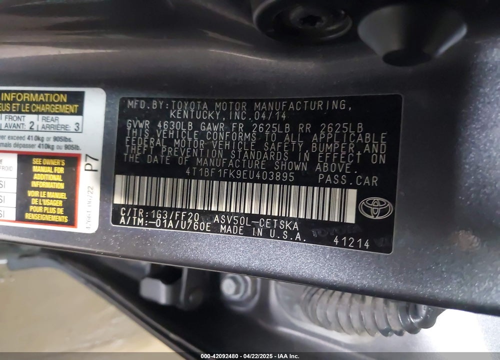 2014 TOYOTA CAMRY VIN: 4T1BF1FK9EU403895