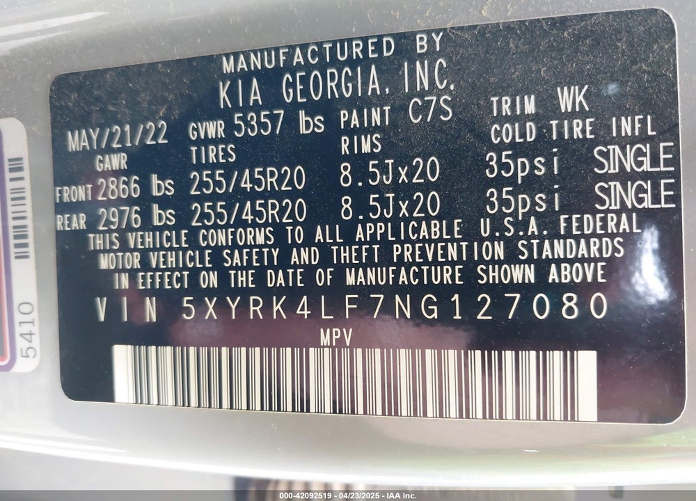 2022 KIA SORENTO SX VIN: 5XYRK4LF7NG127080