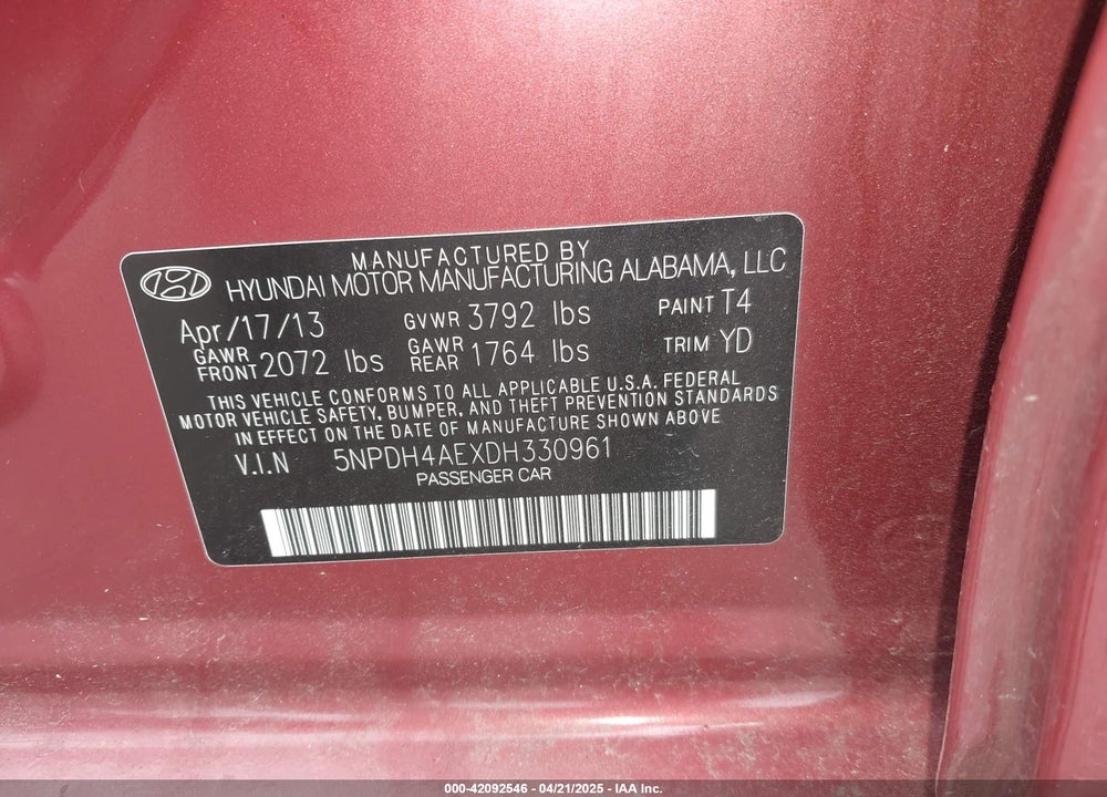 2013 HYUNDAI ELANTRA LIMITED VIN: 5NPDH4AEXDH330961