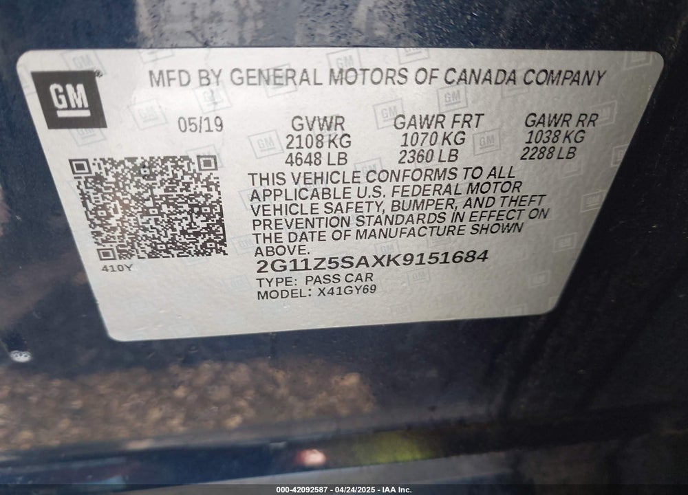 2019 CHEVROLET IMPALA LT VIN: 2G11Z5SAXK9151684