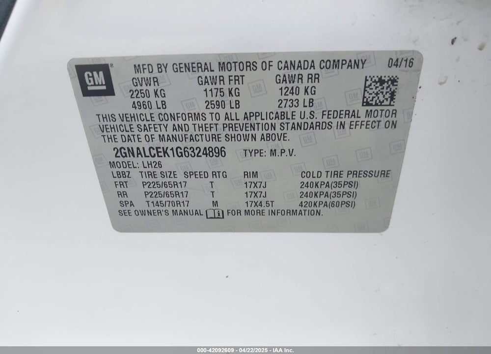 2016 CHEVROLET EQUINOX VIN: 2GNALCEK1G6324896