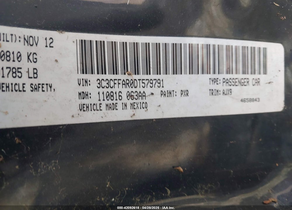 2013 FIAT 500 VIN: 3C3CFFAR0DT579791