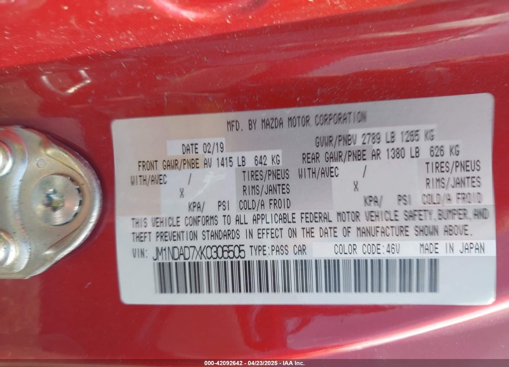 2019 MAZDA MX-5 MIATA GRAND TOURING VIN: JM1NDAD7XK0306505