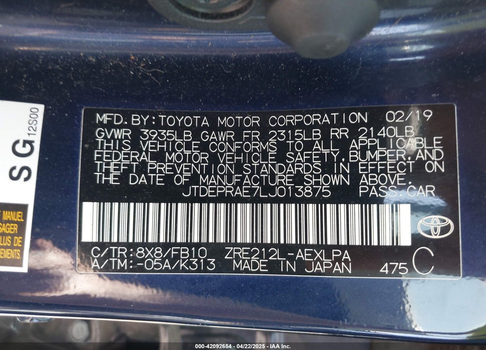 2020 TOYOTA COROLLA VIN: JTDEPRAE7LJ013875