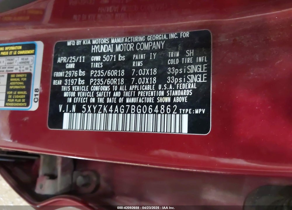 2011 HYUNDAI SANTA FE LIMITED V6 VIN: 5XYZK4AG7BG064862