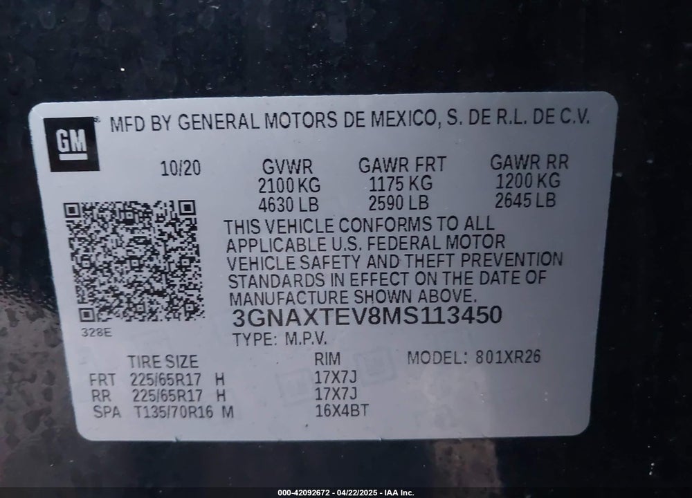2021 CHEVROLET EQUINOX VIN: 3GNAXTEV8MS113450